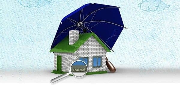 Small house protected by a blue umbrella during rainfall, with a magnifying glass.