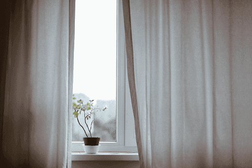 A small potted plant sits on a windowsill, framed by open, light-colored curtains.