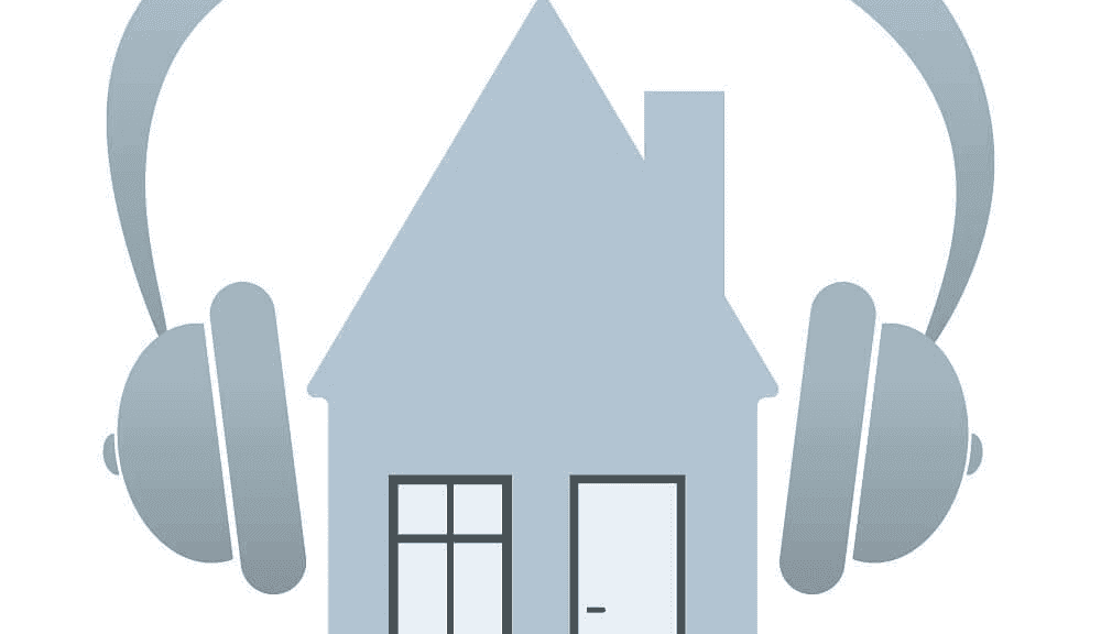 Light gray house silhouette with headphones over it, on a white background.