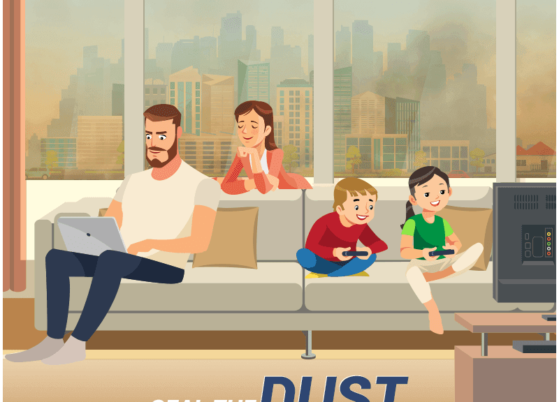 A family indoors, safe from heavy air pollution outside their window.