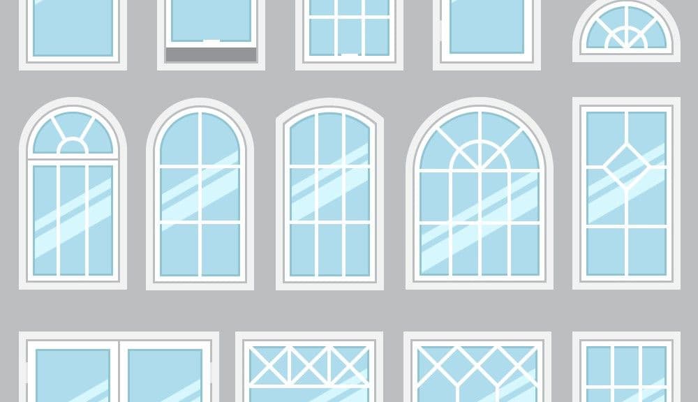 An array of diverse window styles featuring white frames and light blue glass.