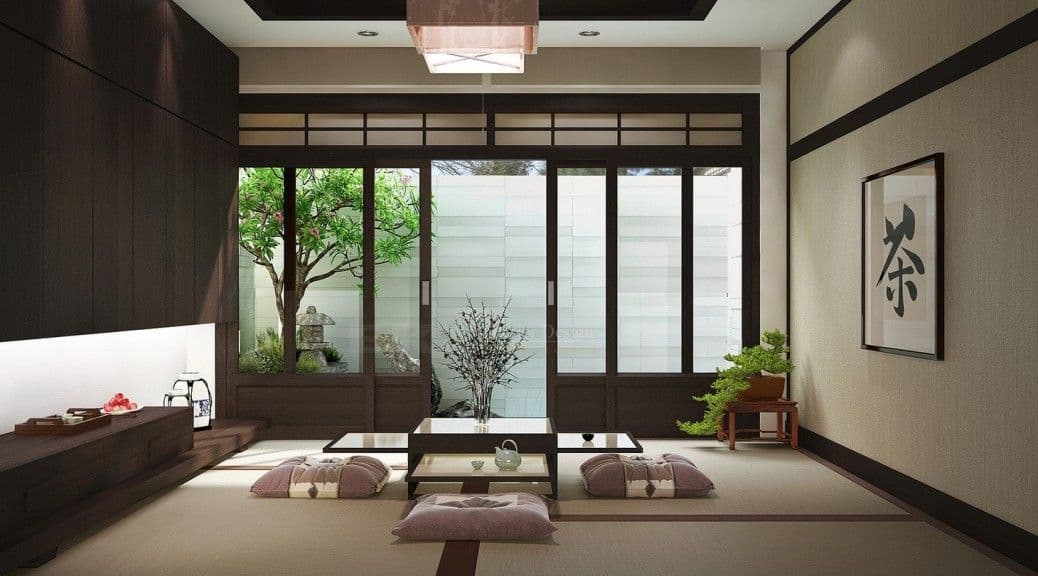 Japanese-style room with floor seating, tatami mats, and a view of a serene garden.