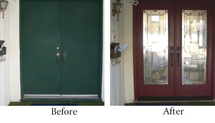 Front door before and after renovation: solid green to red with decorative glass panels.
