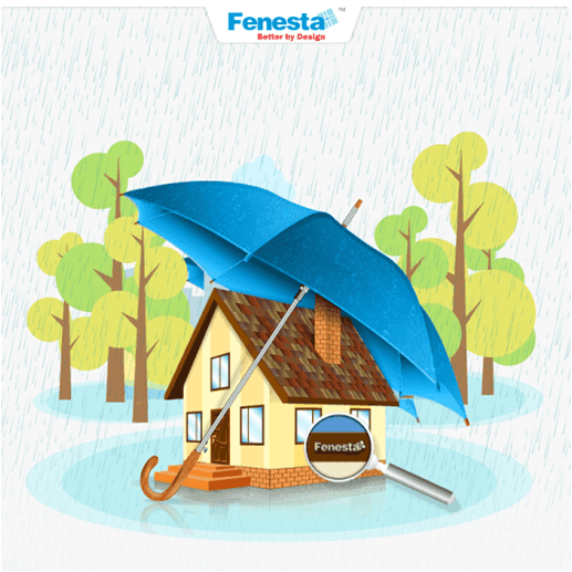 A yellow house protected from rain by a large blue umbrella, with trees in the background.